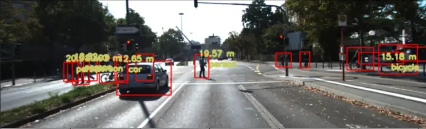 Results of Late Sensor Fusion at a Traffic Light with bounding boxes surrounding detected obstacles