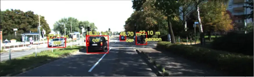 Results of Late Sensor Fusion on a road with bounding boxes surrounding detected obstacles
