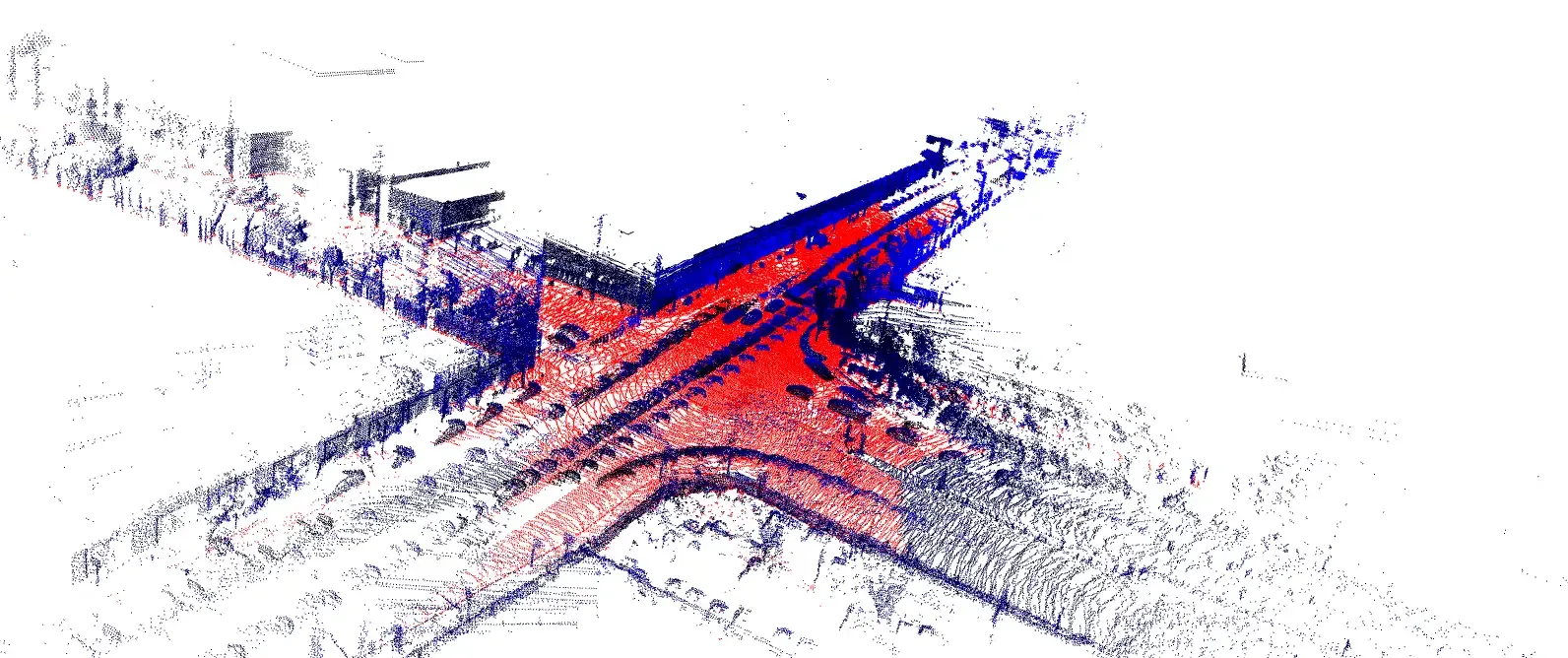 LiDAR point cloud of Brannan Street in San Francisco with road segmented in red